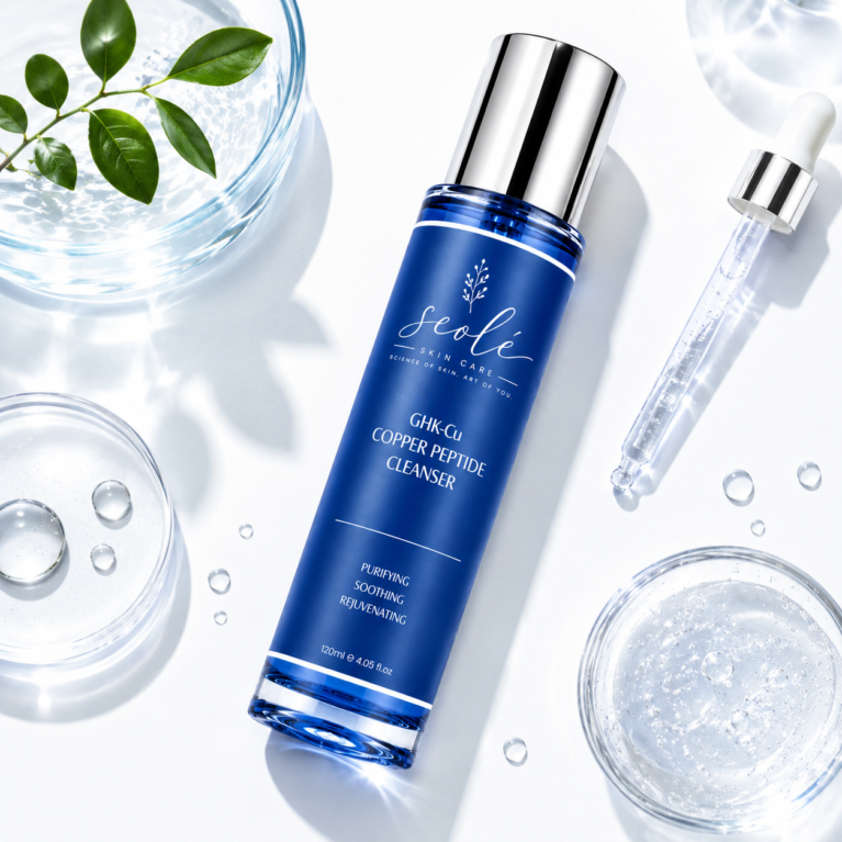 The first step of the 4-step routine is a gentle daily cleanser built around copper peptide, amino acids and niacinamide.
