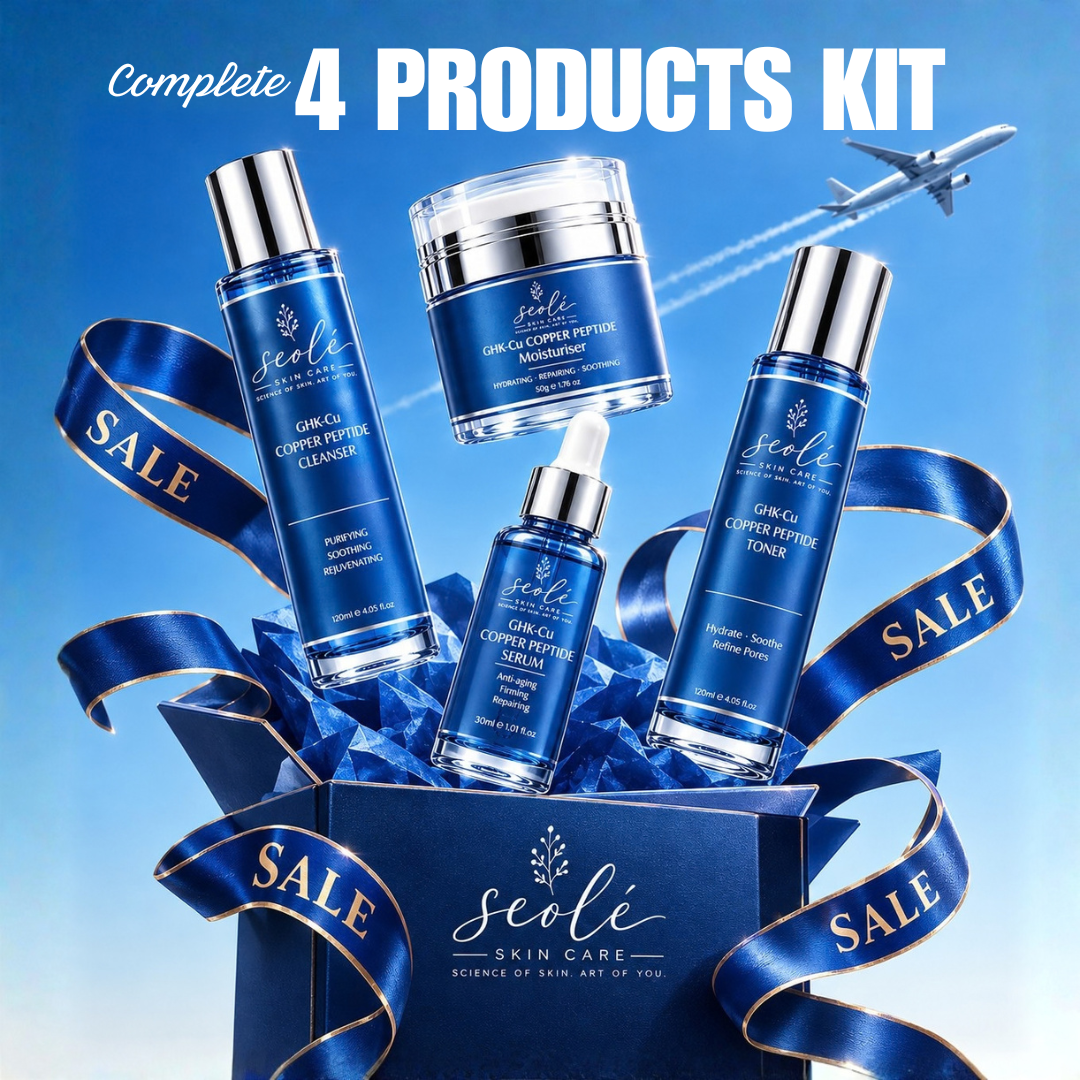 SEOLÉ Complete Skin Ritual Kit is a complete 4-step skincare routine designed to cleanse, tone, treat, and hydrate your skin. Together, the Cleanser, Toner, Serum, and Moisturizer help support smoother, firmer, hydrated, and youthful-looking skin.